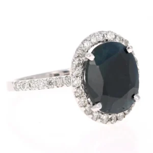 4.65 Carat Sapphire Diamond 14K White Gold Halo Ring