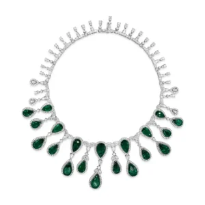 63.40 Carats Total Pear Shape Colombian Green Emerald and Diamond Necklace