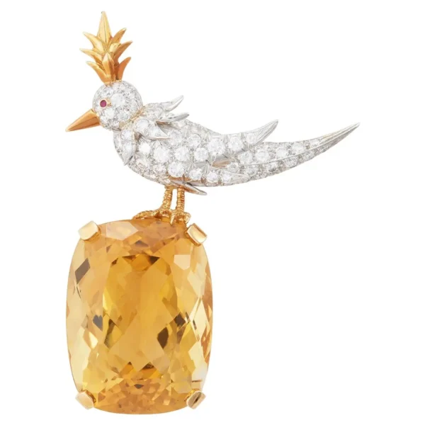 Bird on a Rock Citrine and Diamond Bro