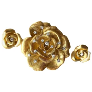 Cartier France 18K Gold Diamond Rose Flowering Brooch and Earrings Set