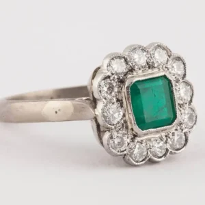 English Emerald and Diamond 18k Gold Cluster Ring, Mid 20th Century