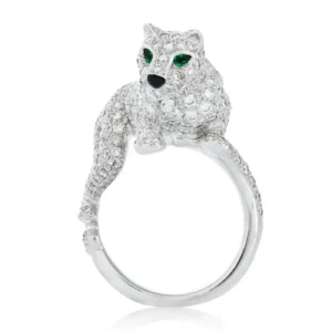 Vintage 18kwg Panthere De Cartier Diamond, Emerald & Onyx Walking Panther Ring