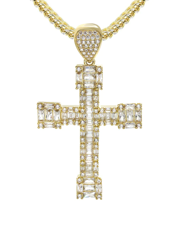 10K Yellow Gold Baguette Cross Necklace 2