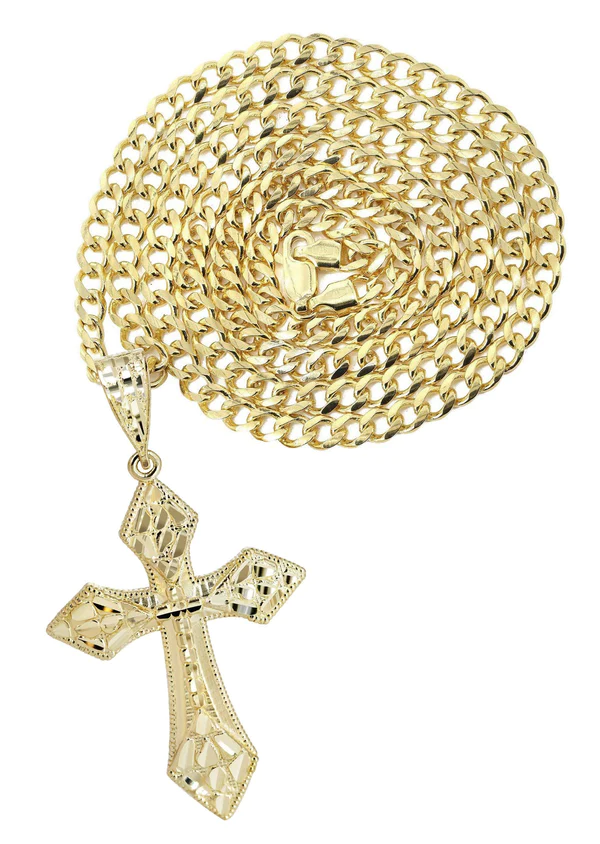 10K Yellow Gold Nugget Cross Necklace 1