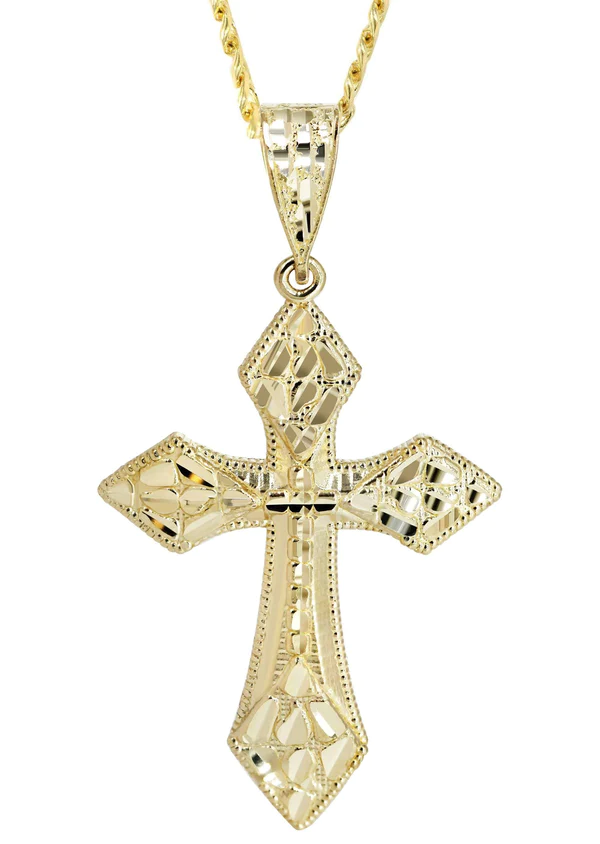 10K Yellow Gold Nugget Cross Necklace 2