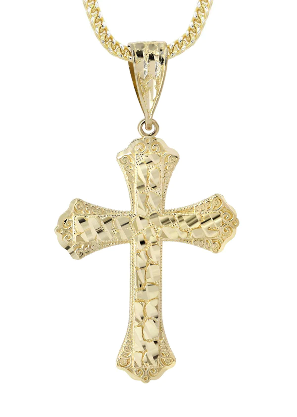 10K Yellow Gold & Nugget Cross Necklace 2