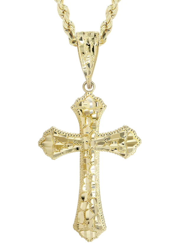 10K Yellow Gold Nugget Cross Necklace 2