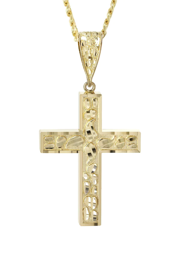 10K Yellow Gold Nugget Cross Necklace 2