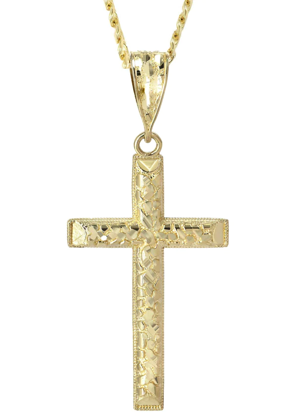 10K Yellow Gold Nugget Cross Necklace 2