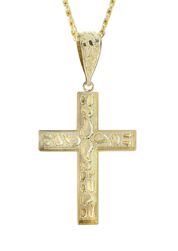 10K Yellow Gold Nugget Cross Necklace 3