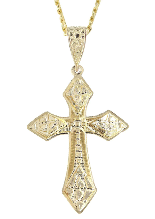 10K Yellow Gold Nugget Cross Necklace 4