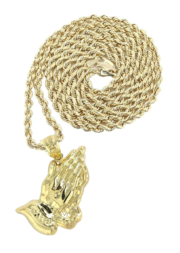 10K Yellow Gold Praying Hands Necklace 1