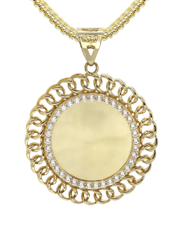 10K Yellow Gold Round Curb Picture Necklace 2