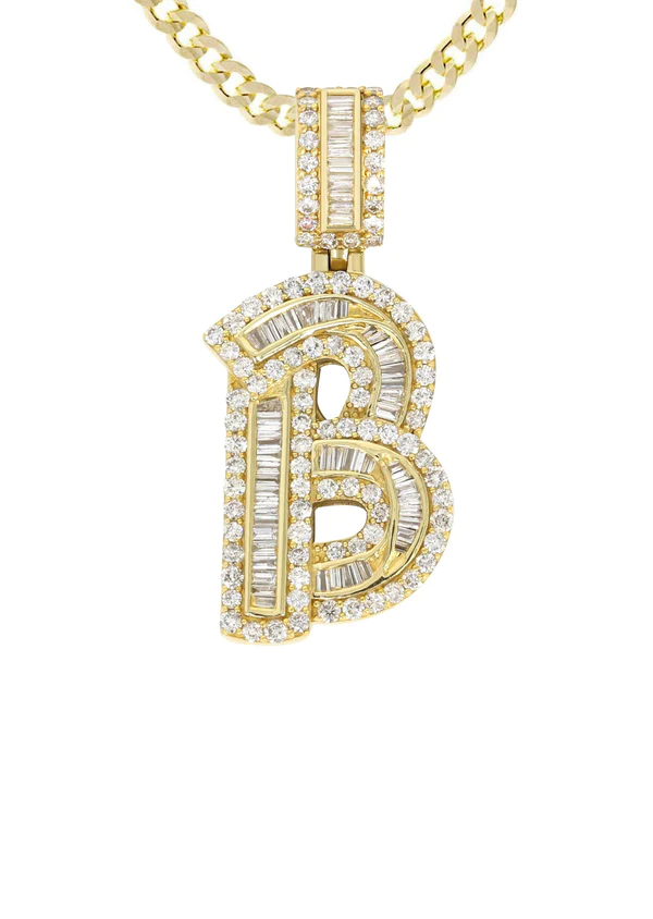 14K Yellow Gold Letter B Baguette Diamond Necklace 2