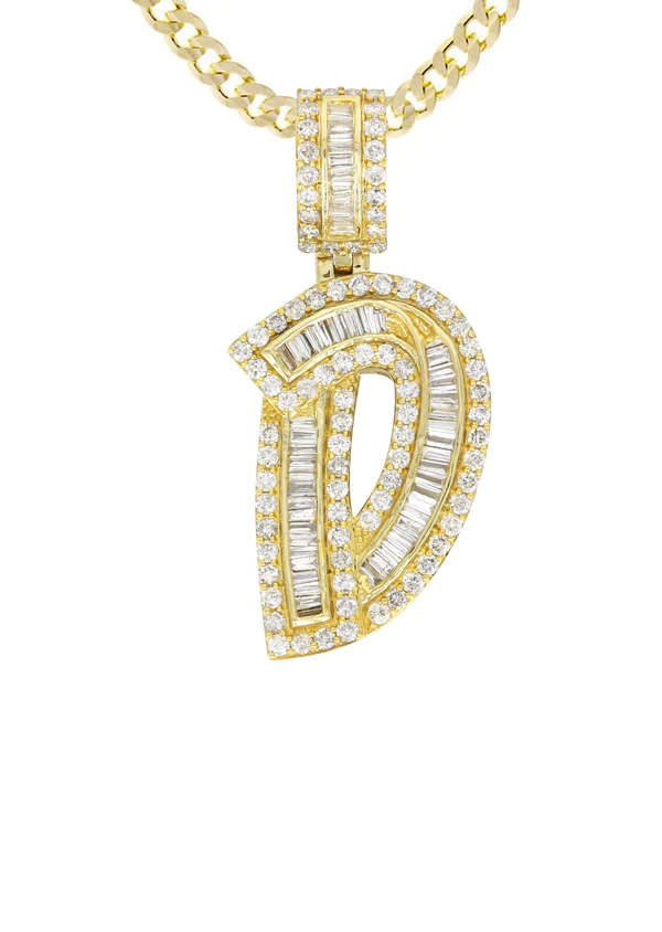 14K Yellow Gold Letter D Baguette Diamond Necklace 2