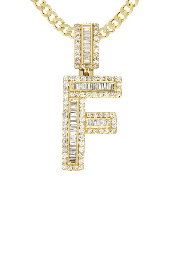 14K Yellow Gold Letter F Baguette Diamond Necklace 2