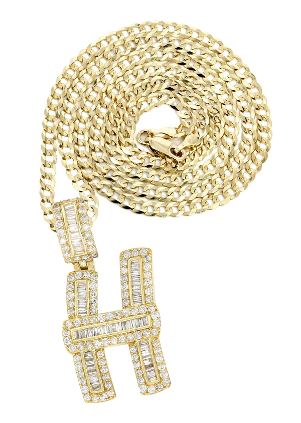 14K Yellow Gold Letter H Baguette Diamond Necklace 1