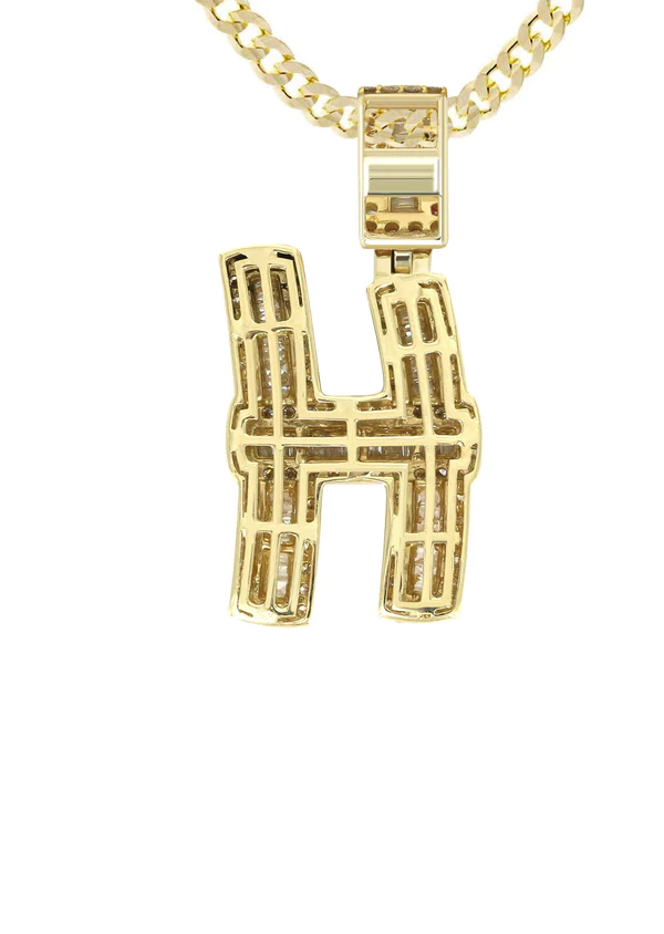 14K Yellow Gold Letter H Baguette Diamond Necklace 3