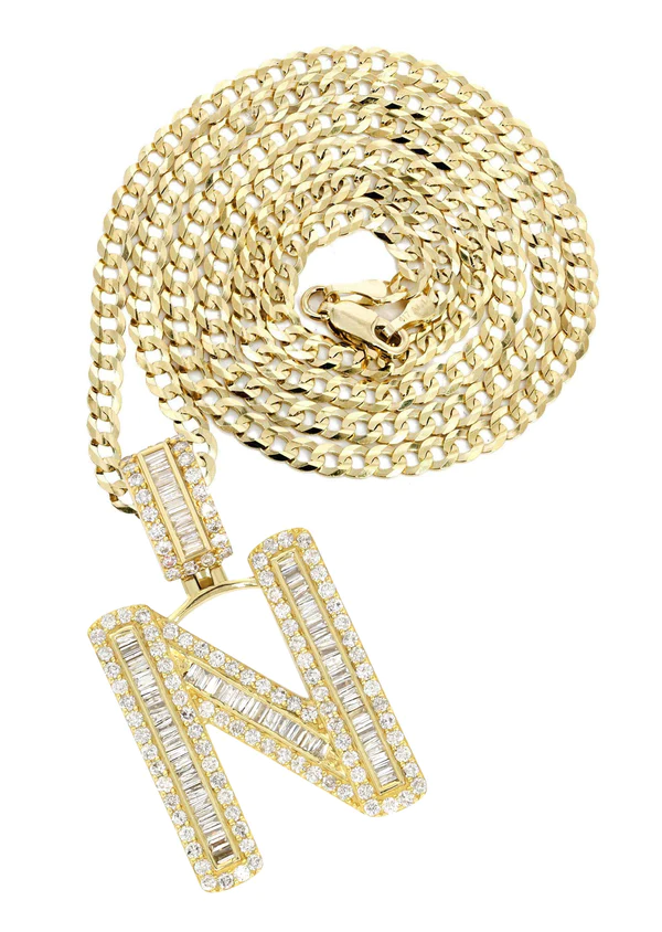 14K Yellow Gold Letter N Baguette Diamond Necklace 1