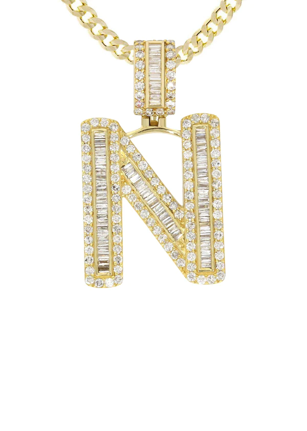 14K Yellow Gold Letter N Baguette Diamond Necklace 2