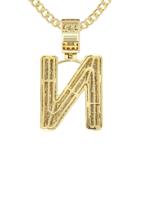 14K Yellow Gold Letter N Baguette Diamond Necklace 3