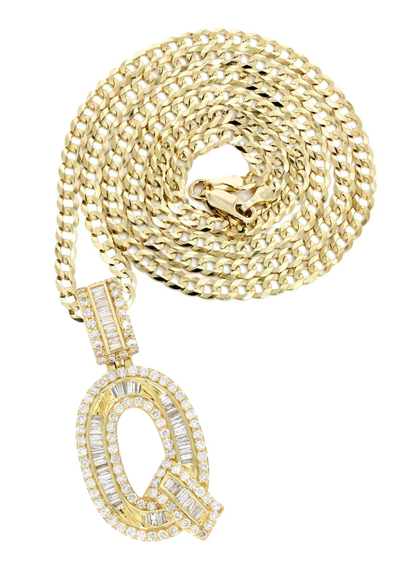 14K Yellow Gold Letter Q Baguette Diamond Necklace 1