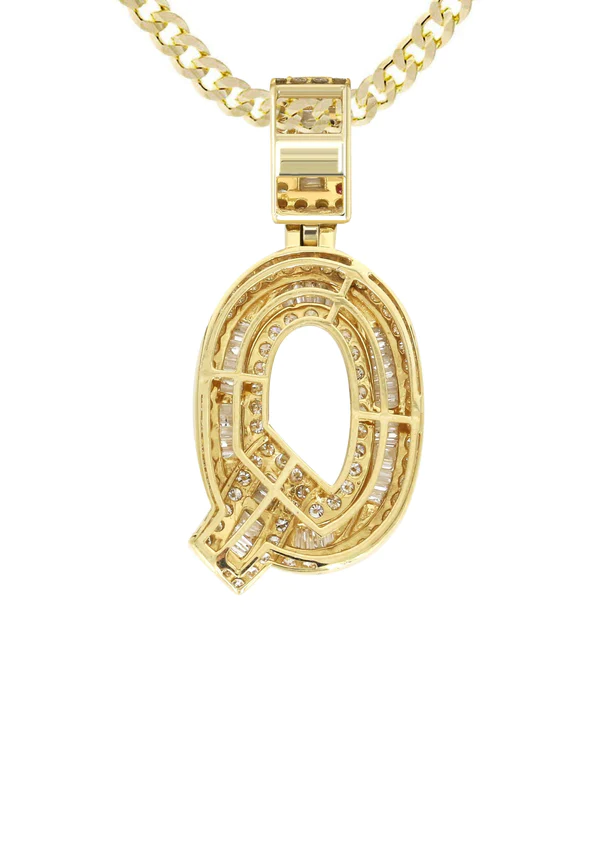 14K Yellow Gold Letter Q Baguette Diamond Necklace 3