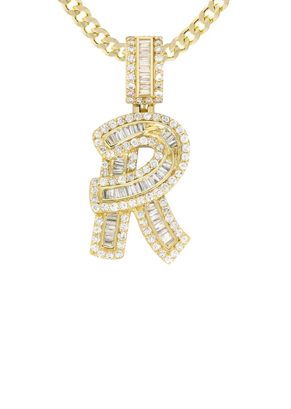 14K Yellow Gold Letter R Baguette Diamond Necklace 2