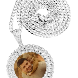 10K White Gold Large Diamond Round Cuban Picture Pendant Necklace | Appx. 24 Grams