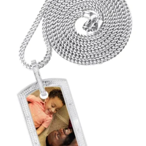 10K White Gold Diamond Dog Tag Picture Pendant Necklace | Appx. 27 Grams