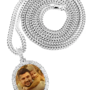 10K White Gold Medium Diamond Round Cuban Picture Pendant Necklace | Appx. 21 Grams