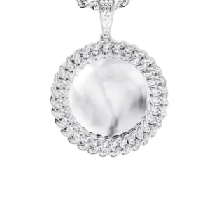 10K White Gold Small Diamond Round Cuban Picture Pendant Necklace | Appx. 18 Grams