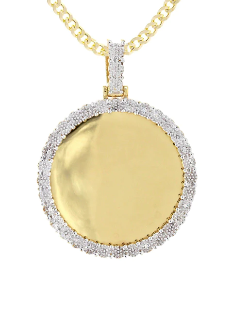 10K Yellow Gold Diamond Round Picture Pendant Necklace 2