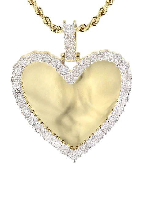 10K Yellow Gold Large Diamond Heart Picture Pendant Necklace 4