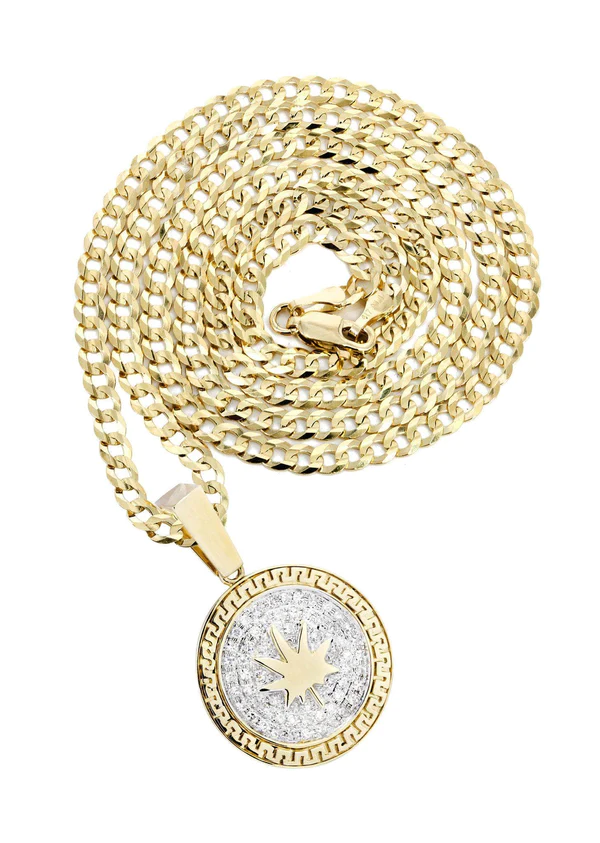 10K Yellow Gold Marijuana Leaf Diamond Necklace 1