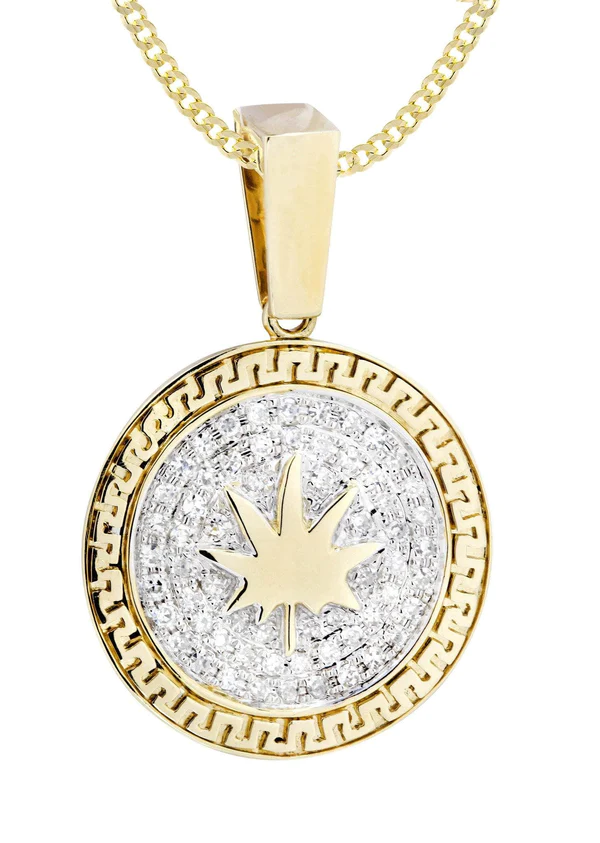 10K Yellow Gold Marijuana Leaf Diamond Necklace 2