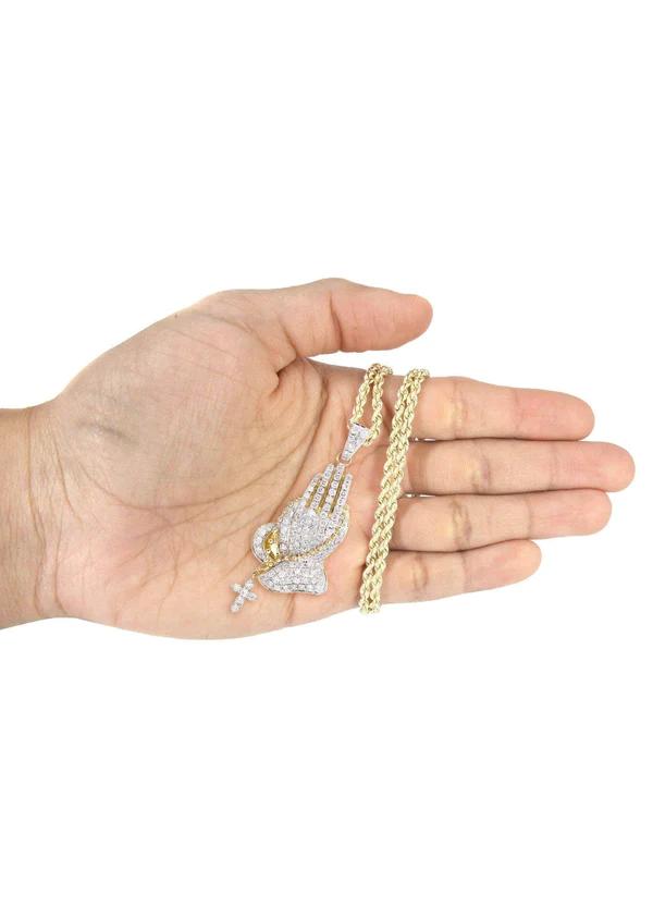 10K Yellow Gold Praying Hands Diamond Necklace 5