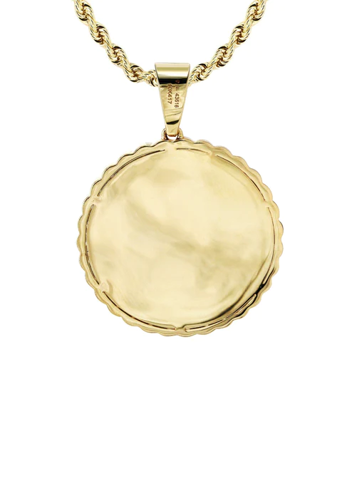 10K Yellow Gold Small Diamond Round Cuban Picture Pendant Necklace 3