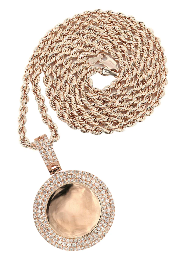 14K Rose Gold Diamond Round Picture Pendant Necklace 1