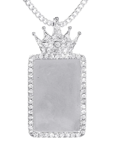 14K White Gold Diamond Crown Dog Tag Picture Pendant Necklace 2