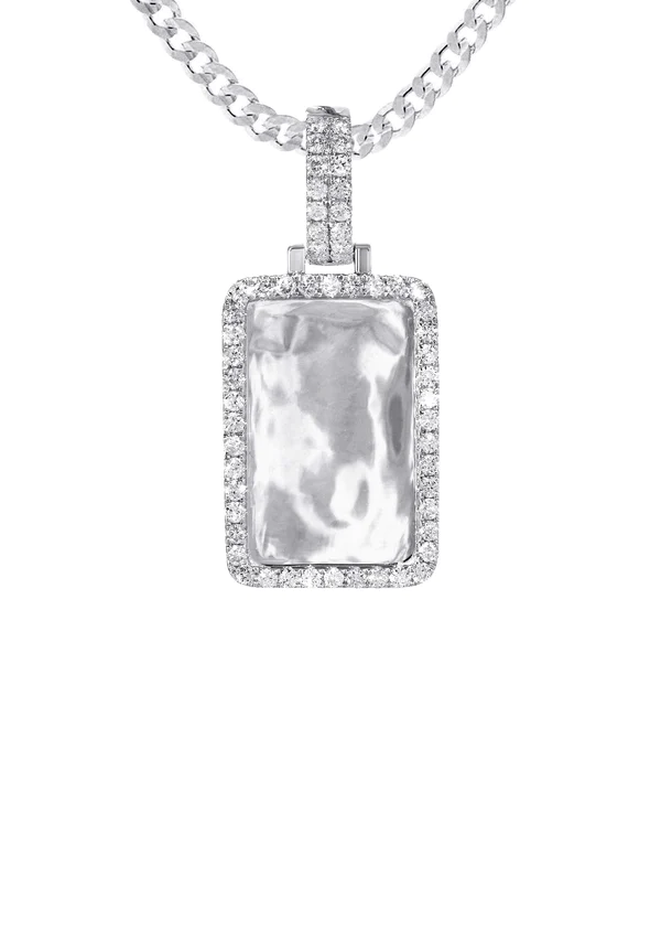 14K White Gold Diamond Dog Tag Picture Pendant Necklace 2