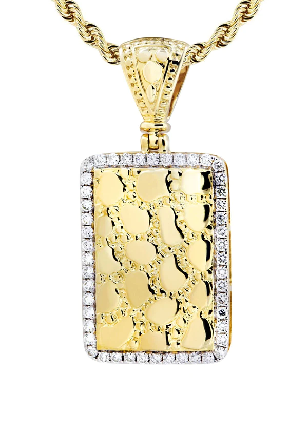 14K Yellow Gold Nugget Dog Tag Diamond Necklace 2