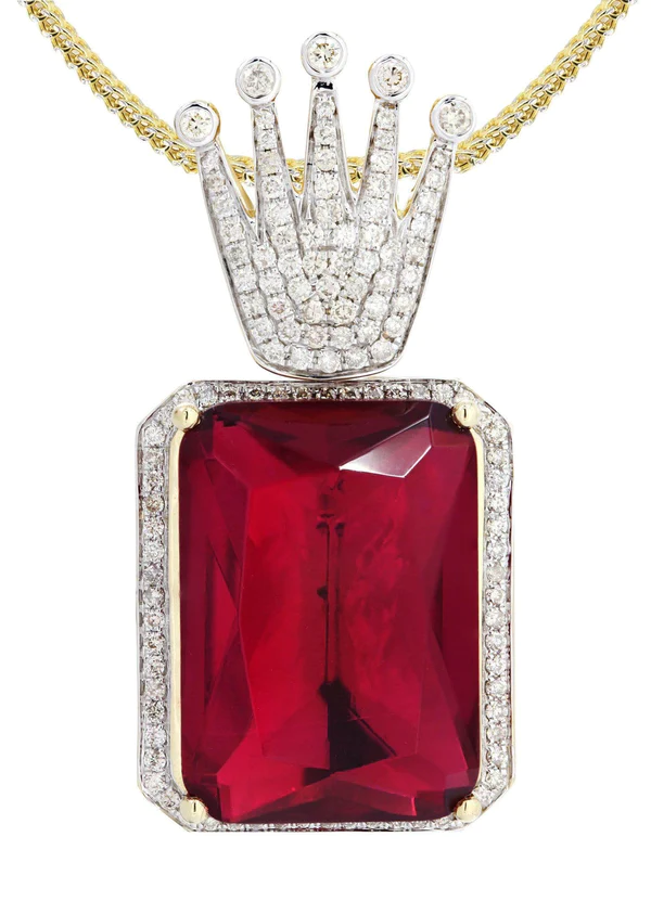 14K Yellow Gold Ruby Crown Diamond Necklace 2