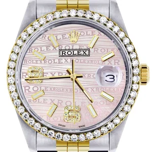 Gold & Steel Rolex Datejust Watch 16233 for Men | 36Mm | Custom Diamond Pink Dial | Jubilee Band
