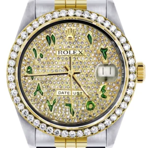 Diamond Gold Rolex Watch For Men 16233 | 36Mm | Custom Green Arabic Full Diamond Dial | Jubilee Band