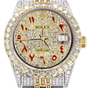 Iced Out Rolex Datejust 36 MM | Two Tone | 10 Carats of Diamonds | Full Diamond Red Arabic Dial