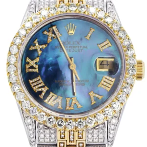 Iced Out Rolex Datejust 36 MM | Two Tone | 10 Carats of Diamonds | Blue Mother of Pearl Roman Diamond Dial