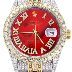 Iced Out Rolex Datejust 36 MM | Two Tone | 10 Carats of Diamonds | Red Mother of Pearl Roman Diamond Dial