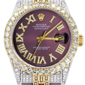 Iced Out Rolex Datejust 36 MM | Two Tone | 10 Carats of Diamonds | Burgandy Roman Diamond Dial