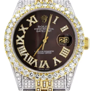Iced Out Rolex Datejust 36 MM | Two Tone | 10 Carats of Diamonds | Chocolate Roman Diamond Dial